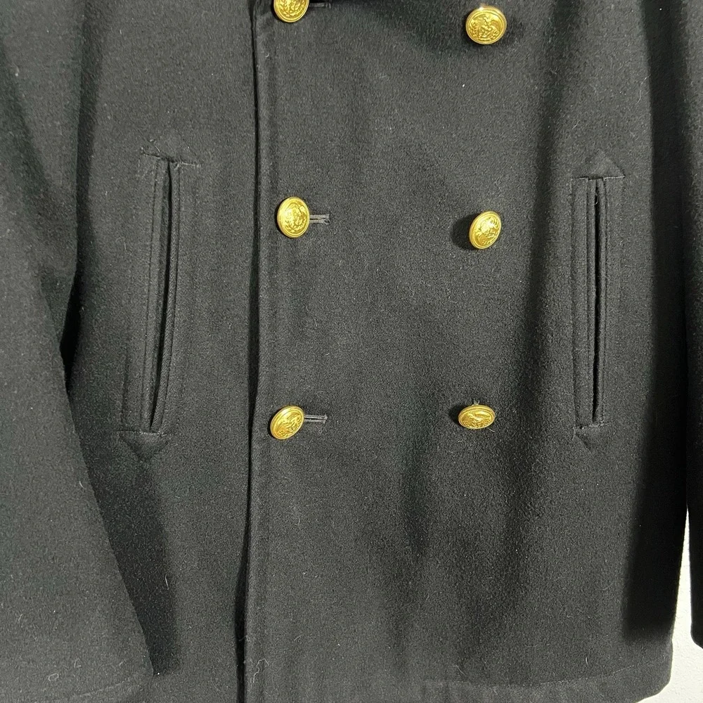 Mens Black Double Breasted Wool‎ Peacoat Military Style Gold Buttons 34S